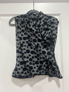 Kasper Black Polka Dot Sleeveless Wrap Blouse